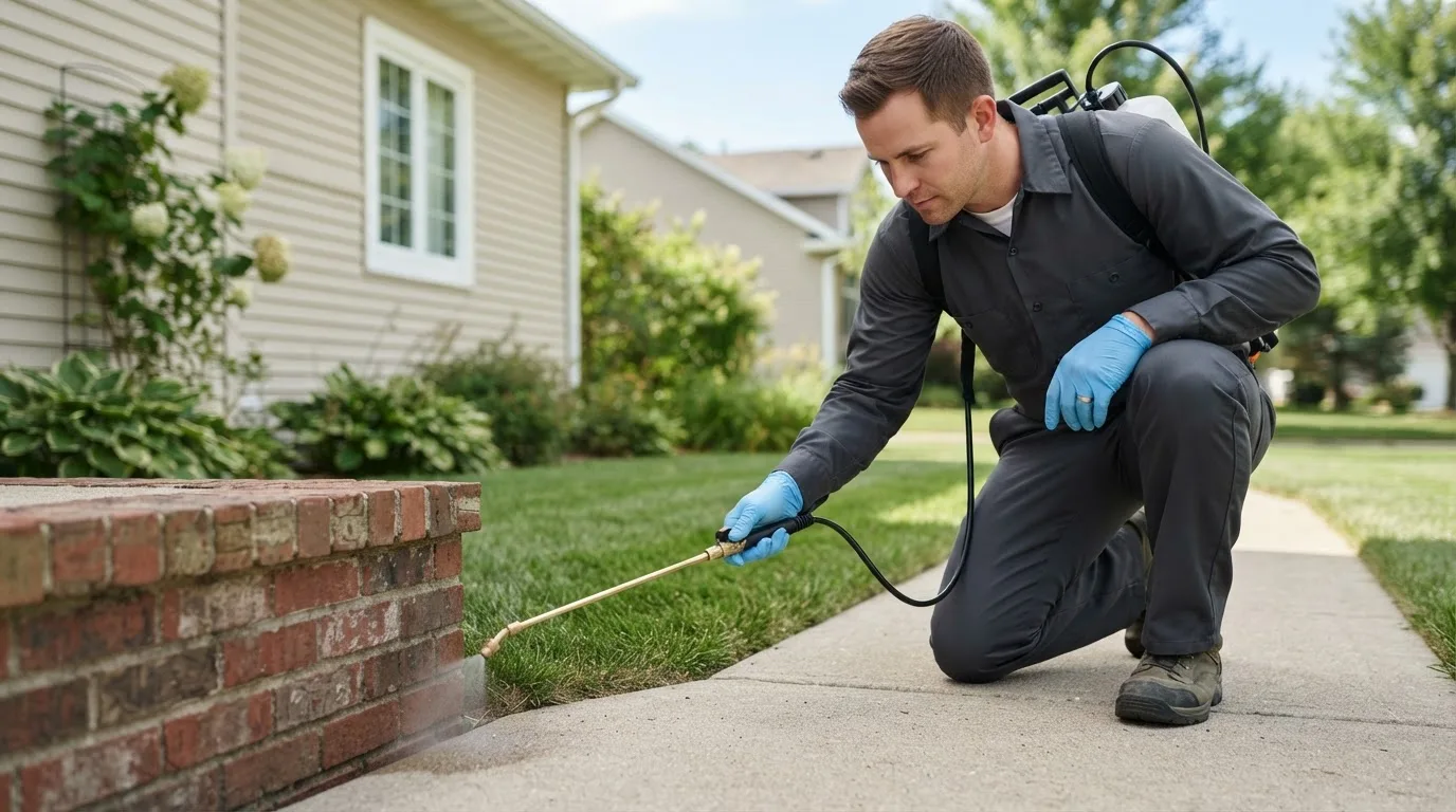 Pest control technician treating a home near Pinesdale, MT